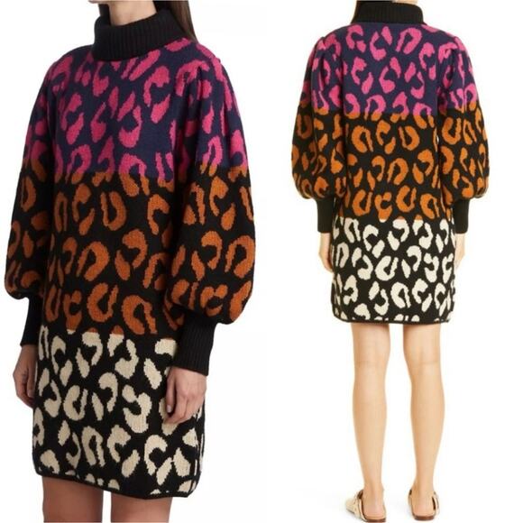FARM Rio Dresses & Skirts - FARM Rio Multicolor Leopard-Block Long Sleeve Knit Dress
